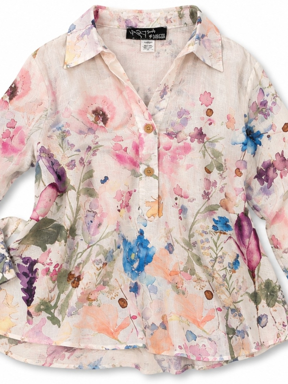 Floral Watercolor 100% Linen Button-Front Women’s Top Pastel